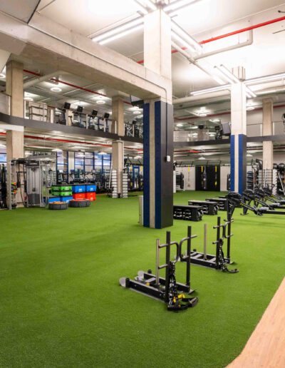 A gym with a green carpet and equipment.