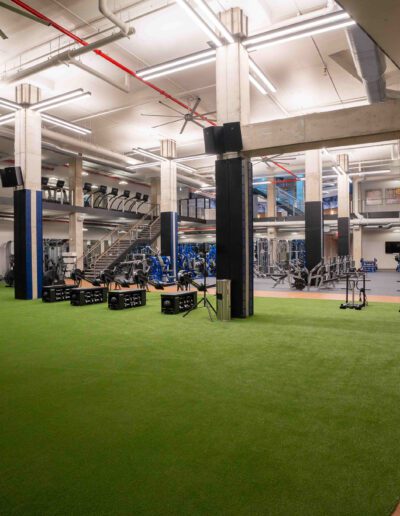 A gym in a large building with green grass.