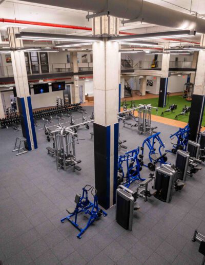 An aerial view of a gym with weights and equipment.