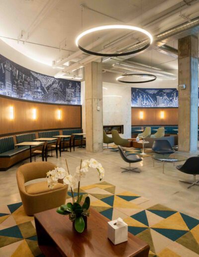 The lobby of a modern office building.