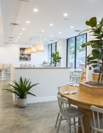 The interior of a restaurant with a table and plants.