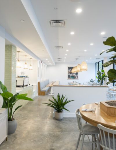 The interior of a restaurant with a table and plants.